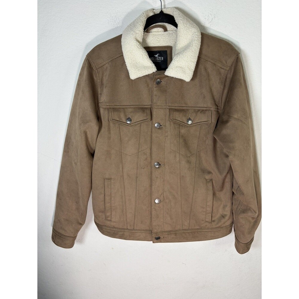 Hollister Brown Sherpa Faux Suede Jacket Mens Size Large Lined Trucker Jacket